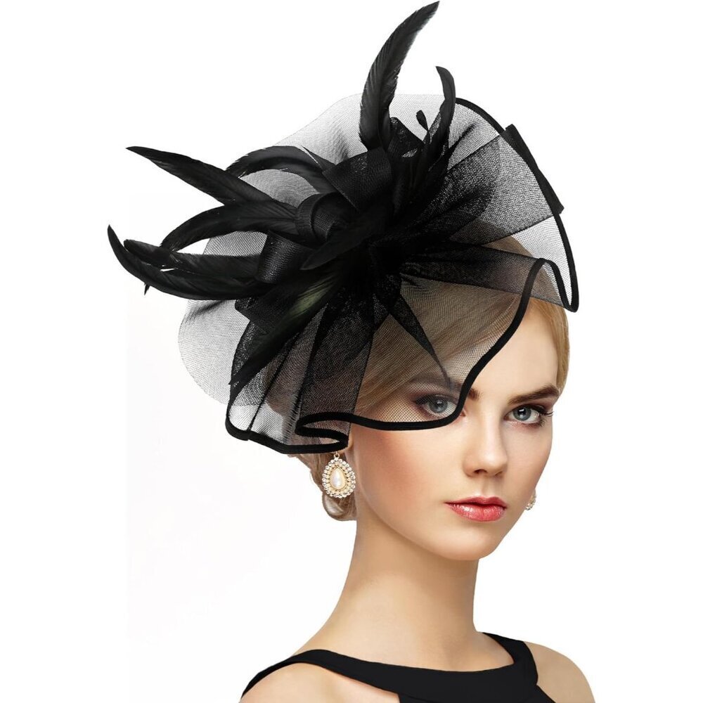 Women's Vintage Linen Feather Fascinator Hat for Wedding Derby Party